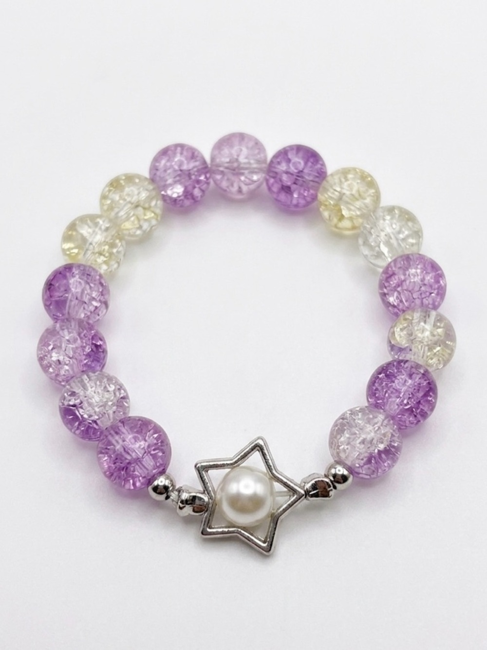 Hand Crafted Lavender and Cream Crackle Bead Bracelet with Star Pearl Accent